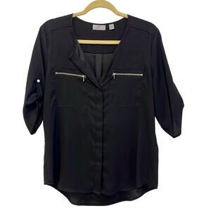 New York & Company black flowy top with exposed zipper pockets